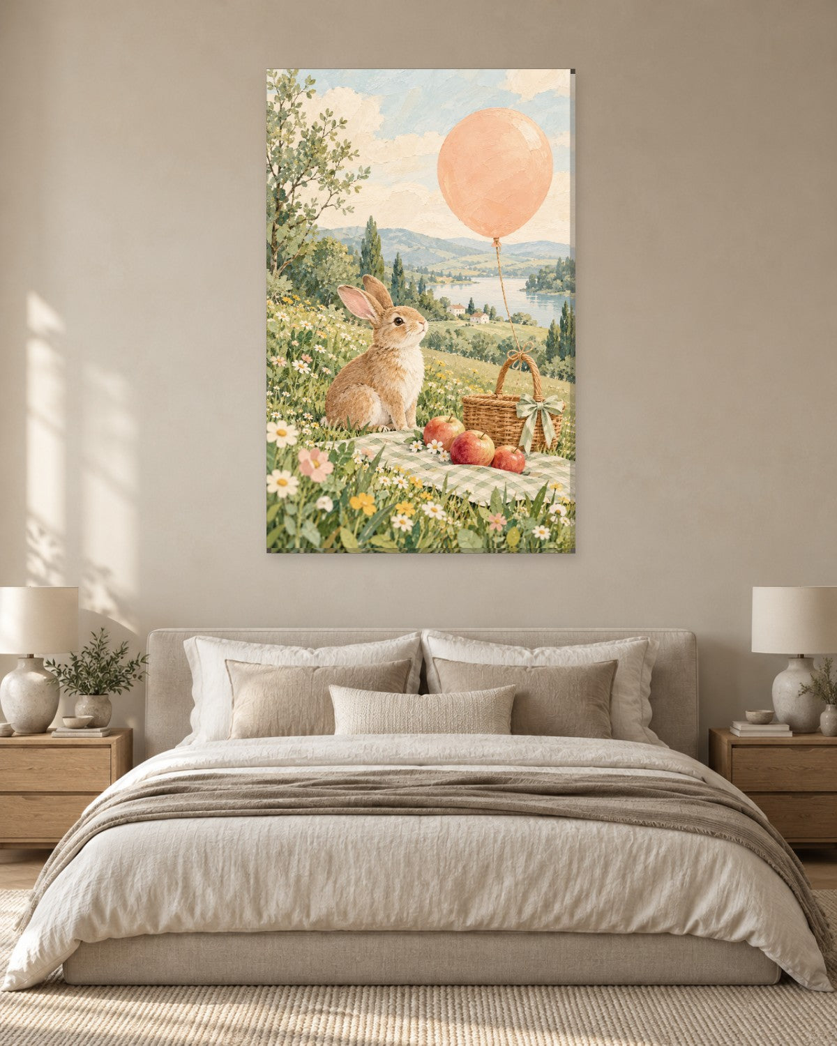 Bunny Nursery Wall Art - Rabbit at a Meadow Picnic with a Peach Balloon and Red Apples, Tall Pastel Canvas - Gallery Canvas - 38mm / 48 x 32 / Unframed preview