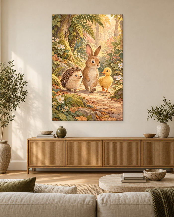 Woodland Nursery Wall Art - Hedgehog, Bunny and Duckling Walking a Leafy Forest Path, Tall Storybook Canvas - Gallery Canvas - 38mm / 48 x 32 / Unframed preview