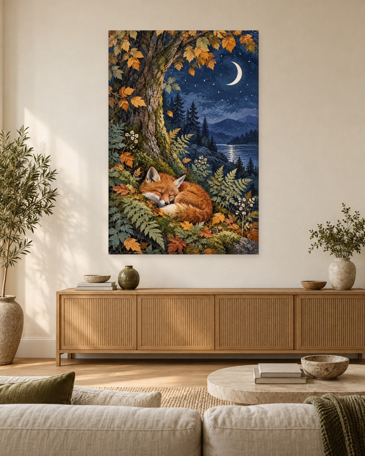 Sleeping Fox Wall Art - Fox Curled Up under an Autumn Tree beneath a Crescent Moon, Tall Navy Woodland Canvas - Gallery Canvas - 38mm / 48 x 32 / Unframed preview