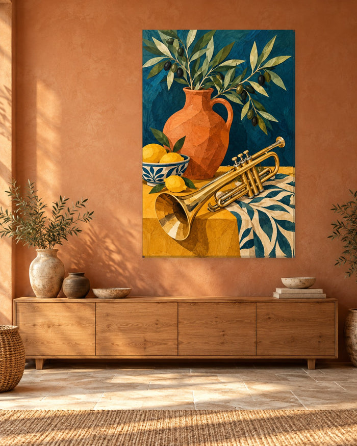 Trumpet Wall Art - Golden Trumpet with Terracotta Jug, Olives and Lemons on Mustard, Tall Mediterranean Canvas - Gallery Canvas - 38mm / 48 x 32 / Unframed preview