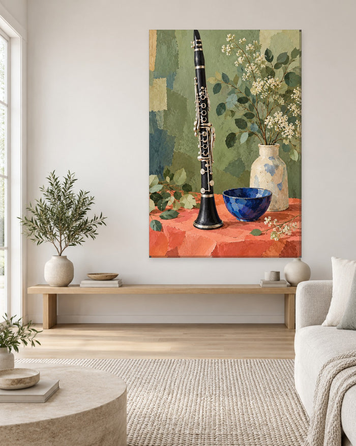 Clarinet Wall Art - Black Clarinet with a Cobalt Bowl and White Blossom on Coral, Tall Sage Green Canvas - Gallery Canvas - 38mm / 48 x 32 / Unframed preview