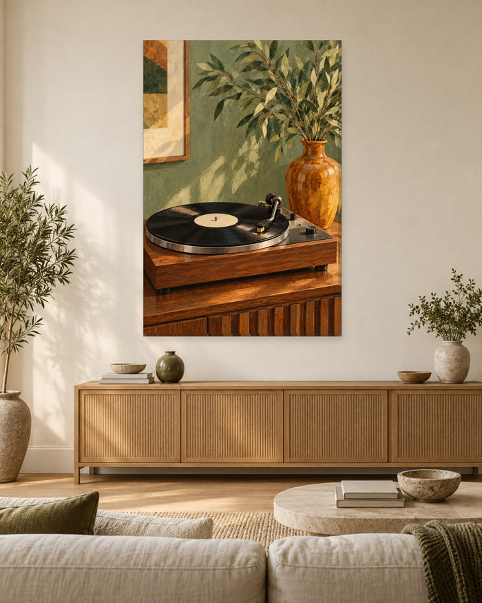 Record Player Wall Art - Retro Turntable and Amber Vase on a Wooden Sideboard, Tall Sage Green Canvas - Gallery Canvas - 38mm / 48 x 32 / Unframed preview