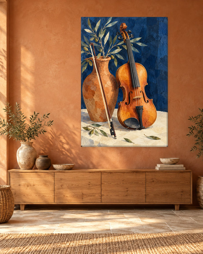 Violin Wall Art - Violin and Bow beside a Terracotta Vase of Olive Branches, Tall Cobalt Blue Canvas - Gallery Canvas - 38mm / 48 x 32 / Unframed preview
