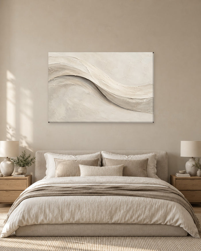Cream Textured Wall Art - Sweeping Plaster-Look Wave in Chalk White and Warm Grey, Neutral Abstract Canvas - Gallery Canvas - 38mm / 48 x 32 / Unframed preview