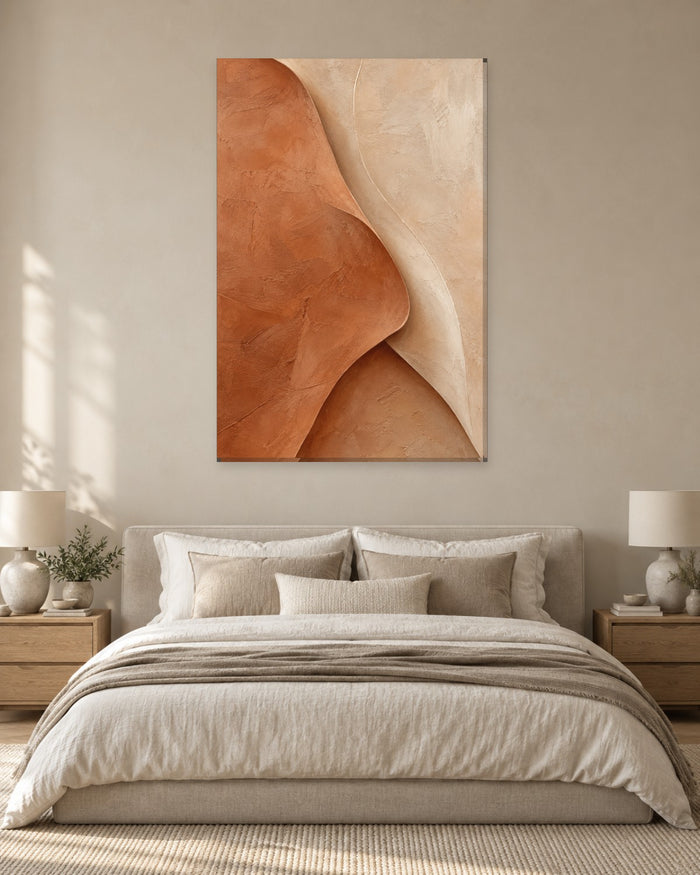 Terracotta Abstract Wall Art - Curved Folds of Burnt Orange and Sand with a Plaster Look, Tall Earthy Canvas - Gallery Canvas - 38mm / 48 x 32 / Unframed preview