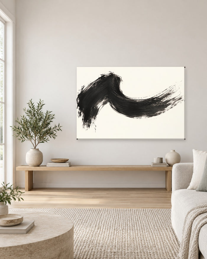 Black Brush Stroke Wall Art - Single Sweeping Ink Gesture on Warm White, Minimal Monochrome Canvas - Gallery Canvas - 38mm / 48 x 32 / Unframed preview