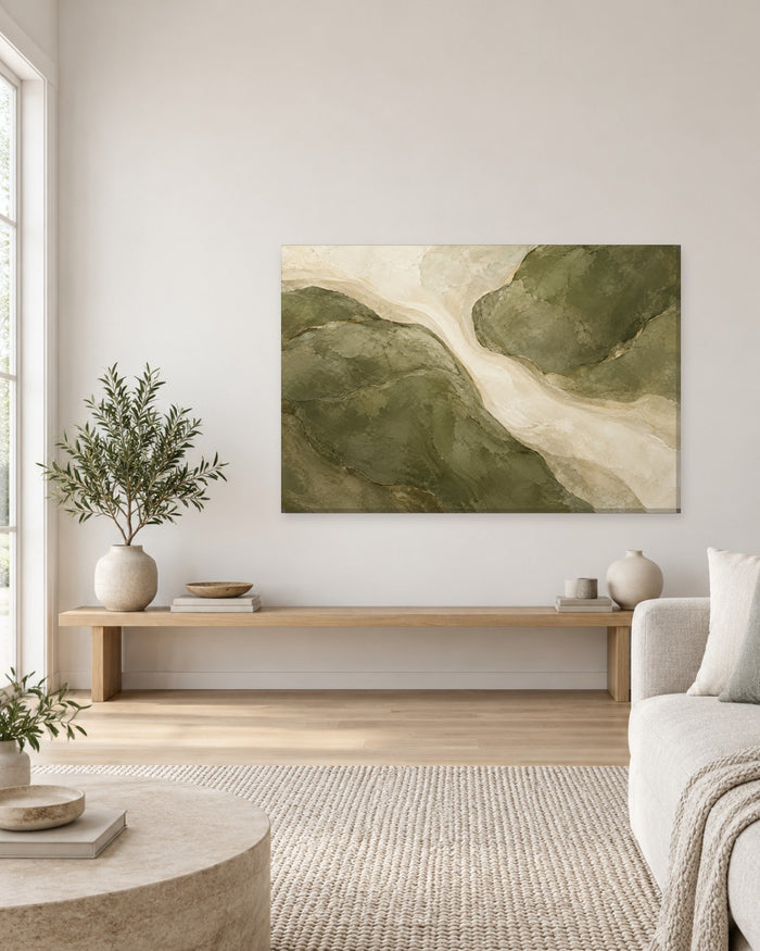 Olive Green Abstract Wall Art - Cream River Winding through Layered Olive Forms, Earthy Aerial-Style Canvas - Gallery Canvas - 38mm / 48 x 32 / Unframed preview