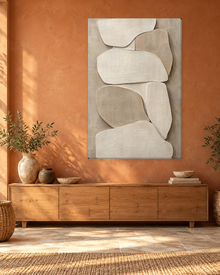Japandi Wall Art - Stacked Organic Shapes in Ivory and Taupe with a Relief Look, Tall Neutral Canvas - Gallery Canvas - 38mm / 48 x 32 / Unframed preview