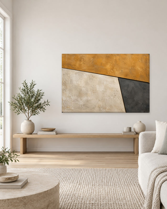 Ochre Abstract Wall Art - Mustard, Limestone and Charcoal Textured Blocks, Modern Geometric Canvas - Gallery Canvas - 38mm / 48 x 32 / Unframed preview