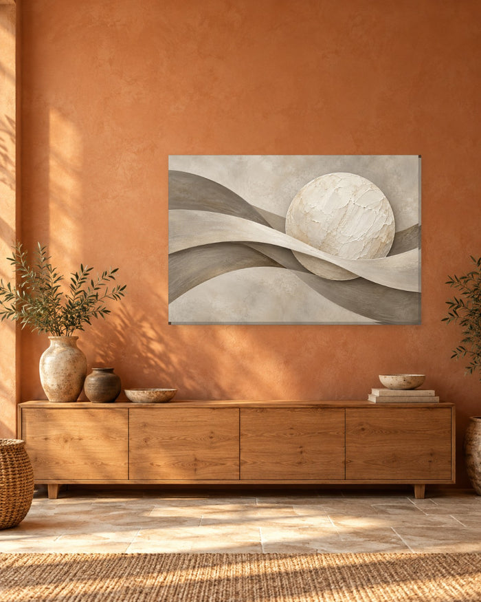 Greige Abstract Wall Art - Cream Textured Sphere Resting on Sweeping Waves, Neutral Modern Canvas - Gallery Canvas - 38mm / 48 x 32 / Unframed preview
