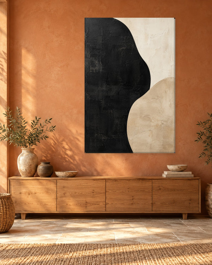Black and Beige Abstract Wall Art - Curving Black and Sand Shapes on Cream, Tall Textured Canvas - Gallery Canvas - 38mm / 48 x 32 / Unframed preview