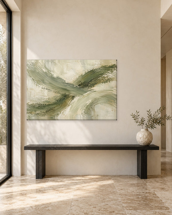Sage Green Abstract Wall Art - Sweeping Crossed Brush Strokes of Sage and Moss on Ivory, Painterly Canvas - Gallery Canvas - 38mm / 48 x 32 / Unframed preview