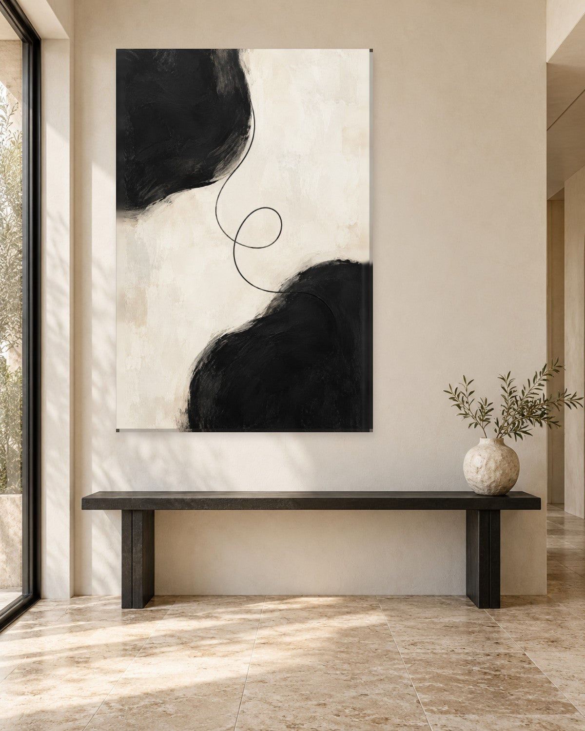 Black and White Abstract Wall Art - Two Black Forms Joined by a Looping Line, Tall Minimal Canvas - Gallery Canvas - 38mm / 48 x 32 / Unframed preview