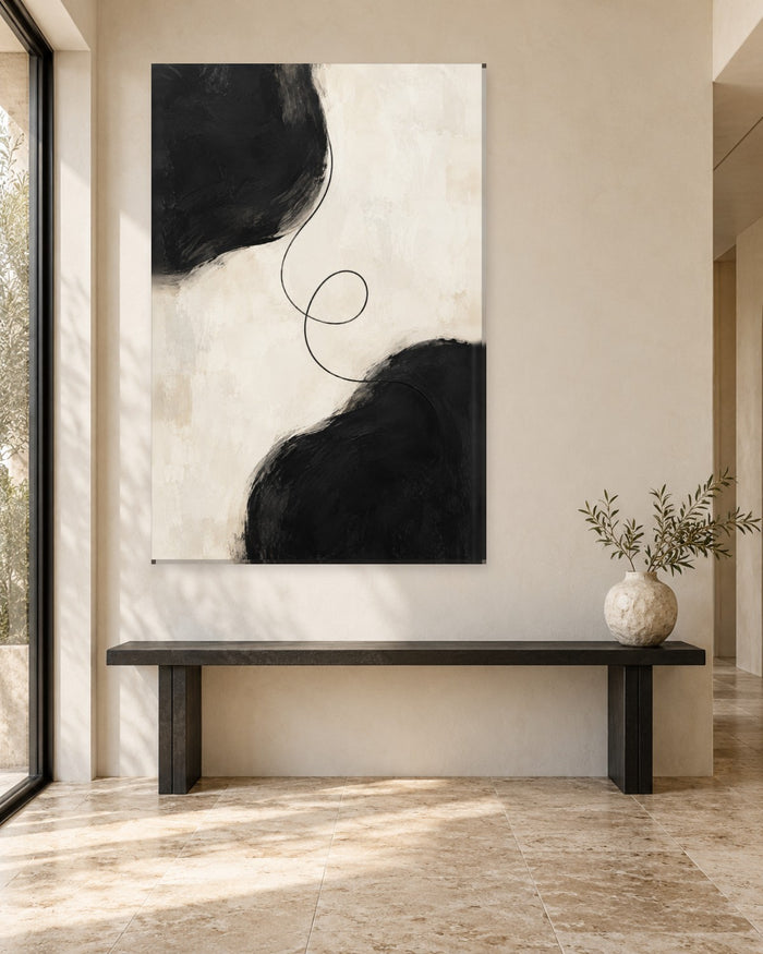 Black and White Abstract Wall Art - Two Black Forms Joined by a Looping Line, Tall Minimal Canvas - Gallery Canvas - 38mm / 48 x 32 / Unframed preview