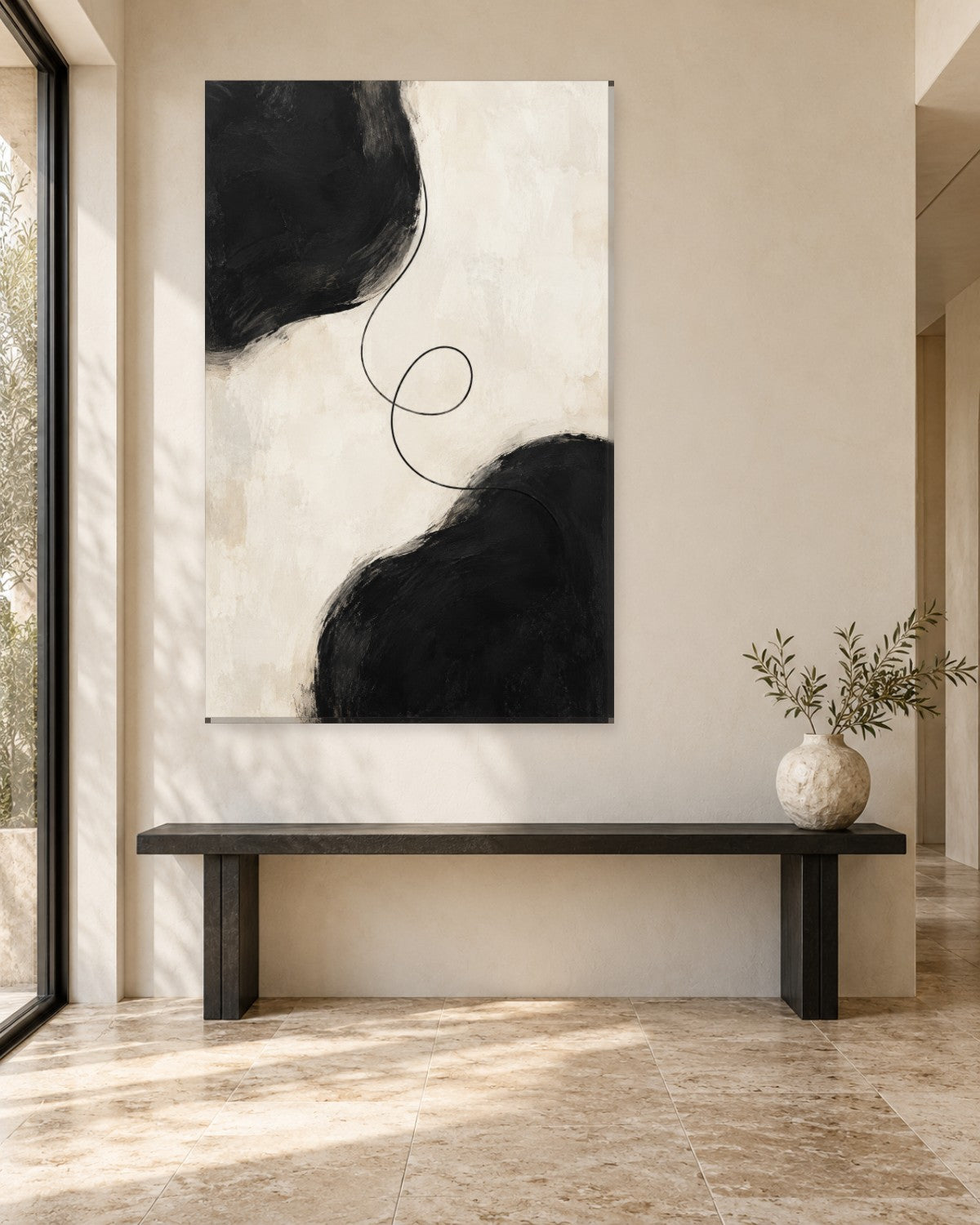 Black and White Abstract Wall Art - Two Black Forms Joined by a Looping Line, Tall Minimal Canvas - Gallery Canvas - 38mm / 48 x 32 / Unframed preview
