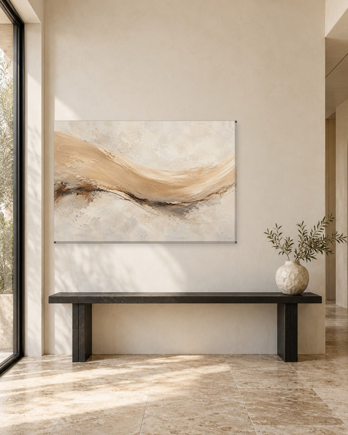 Beige Abstract Wall Art - Sweeping Sand and Umber Brushwork with a Fine Dark Line, Neutral Earthy Canvas - Gallery Canvas - 38mm / 48 x 32 / Unframed preview
