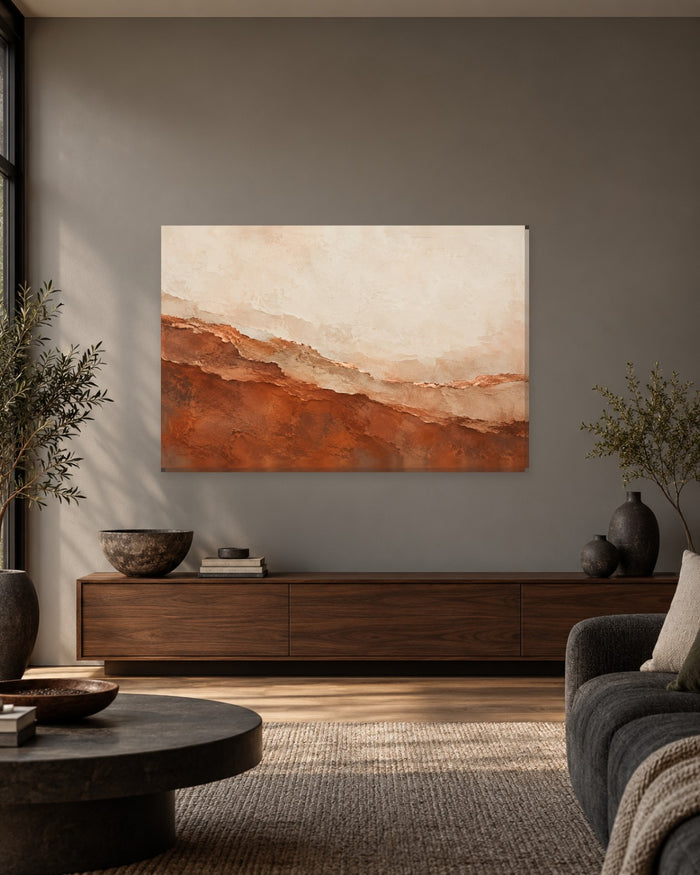 Rust Abstract Wall Art - Layered Rust and Copper-Colour Strata beneath Soft Cream, Earthy Textured Canvas - Gallery Canvas - 38mm / 48 x 32 / Unframed preview