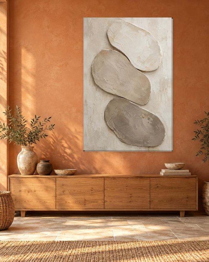 Pebble Wall Art - Three Stacked Pebble Shapes in Chalk, Oatmeal and Taupe, Tall Neutral Japandi Canvas - Gallery Canvas - 38mm / 48 x 32 / Unframed preview