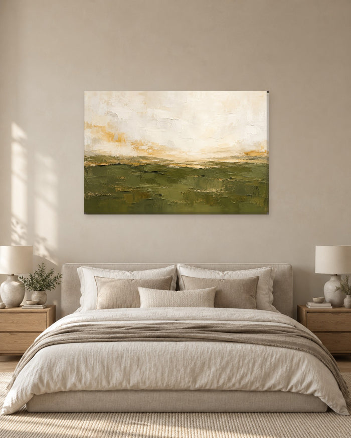 Abstract Landscape Wall Art - Olive Green Fields under a Pale Ochre Sky in Thick Paint, Earthy Canvas - Gallery Canvas - 38mm / 48 x 32 / Unframed preview