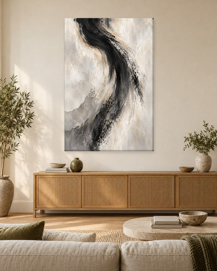 Black Abstract Wall Art - Sweeping Black Ink Brushstroke on Pale Stone Texture, Tall Neutral Canvas - Gallery Canvas - 38mm / 48 x 32 / Unframed preview