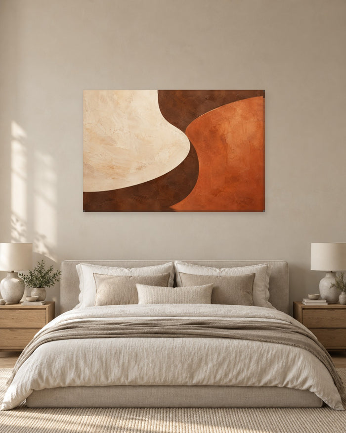 Terracotta Abstract Wall Art - Cream and Rust Organic Curves on Cocoa Brown, Textured Earth Tone Canvas - Gallery Canvas - 38mm / 48 x 32 / Unframed preview