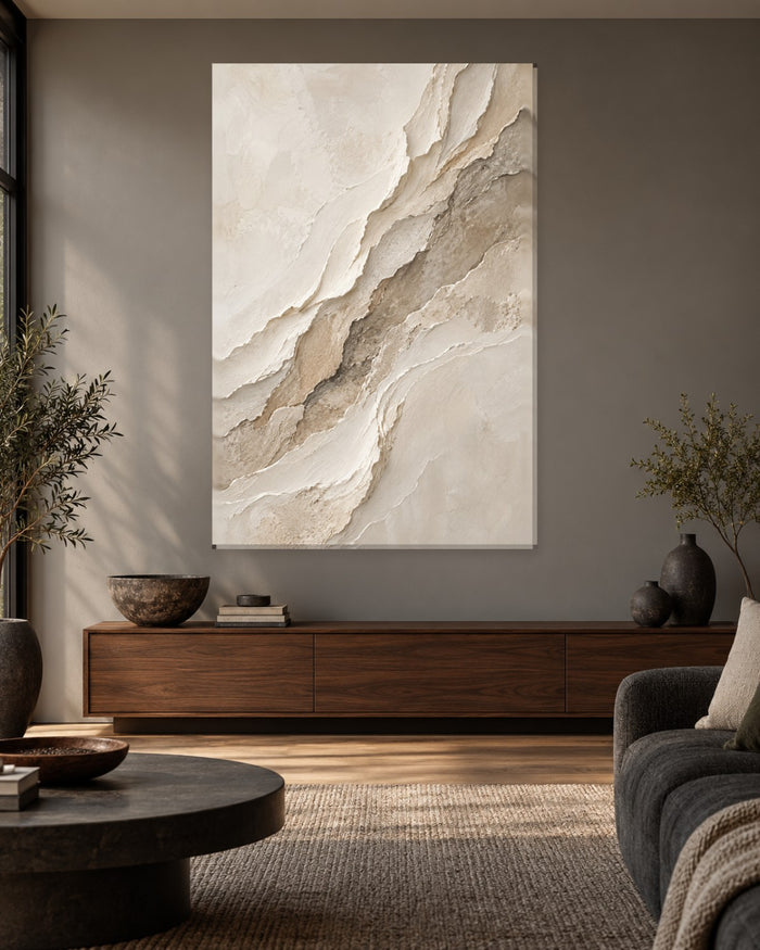 Neutral Abstract Wall Art - Layered Cream and Taupe Plaster Ridges, Tall Textured Stone Canvas - Gallery Canvas - 38mm / 48 x 32 / Unframed preview