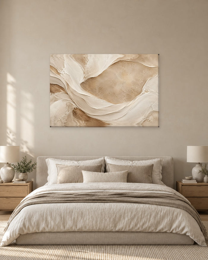 Beige Abstract Wall Art - Flowing Cream Plaster Ribbons Around a Sandy Hollow, Textured Neutral Canvas - Gallery Canvas - 38mm / 48 x 32 / Unframed preview