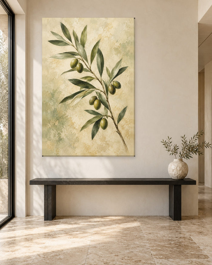 Olive Branch Wall Art - Green Olives on a Leafy Sprig over Mottled Cream, Tall Sage Botanical Canvas - Gallery Canvas - 38mm / 48 x 32 / Unframed preview