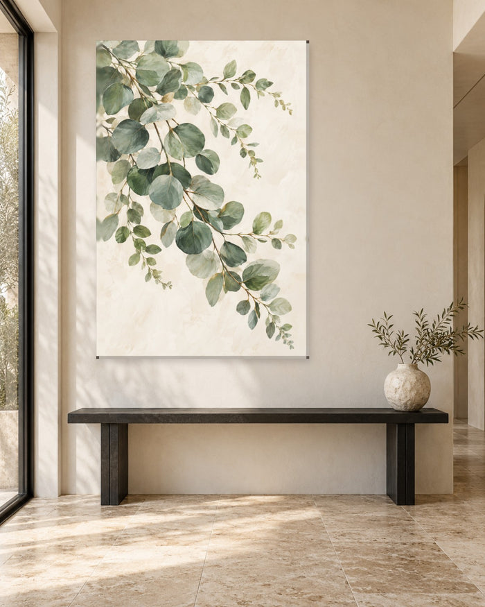 Eucalyptus Wall Art - Trailing Silver Dollar Eucalyptus Branches on Ivory, Tall Sage Green Canvas - Gallery Canvas - 38mm / 48 x 32 / Unframed preview