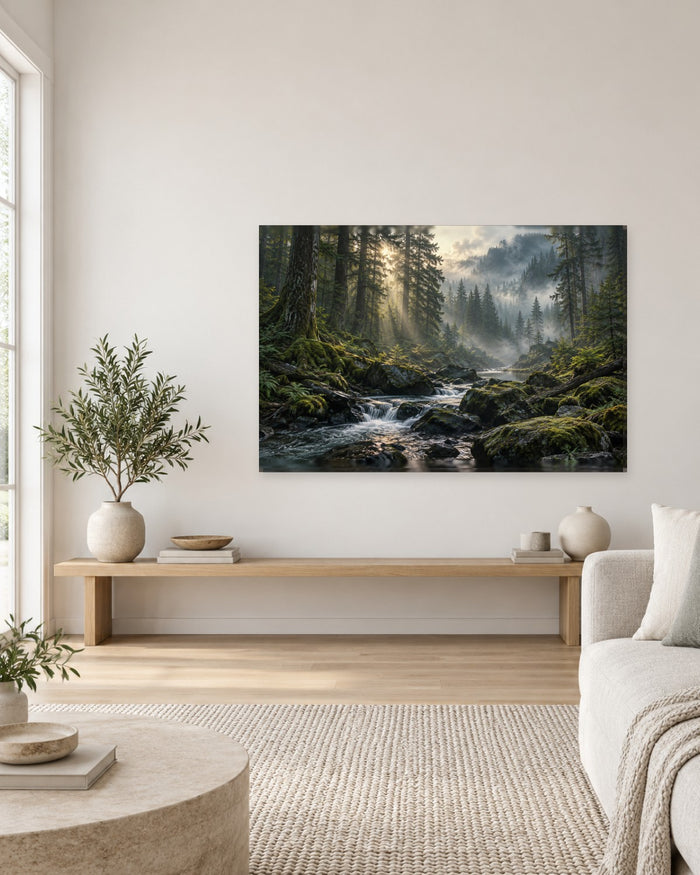 Forest Stream Wall Art - Misty Pine Forest with Mossy Boulders and Sunbeams, Green Woodland Canvas - Gallery Canvas - 38mm / 48 x 32 / Unframed preview