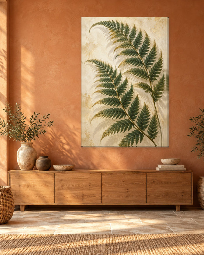 Fern Wall Art - Green Fern Fronds with Gold-Tone Edges and Soft Shadows, Tall Cream Botanical Canvas - Gallery Canvas - 38mm / 48 x 32 / Unframed preview