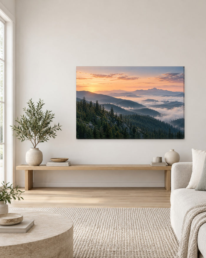 Mountain Sunset Wall Art - Pine Forest Ridges above a Sea of Clouds, Peach and Pine Green Canvas - Gallery Canvas - 38mm / 48 x 32 / Unframed preview