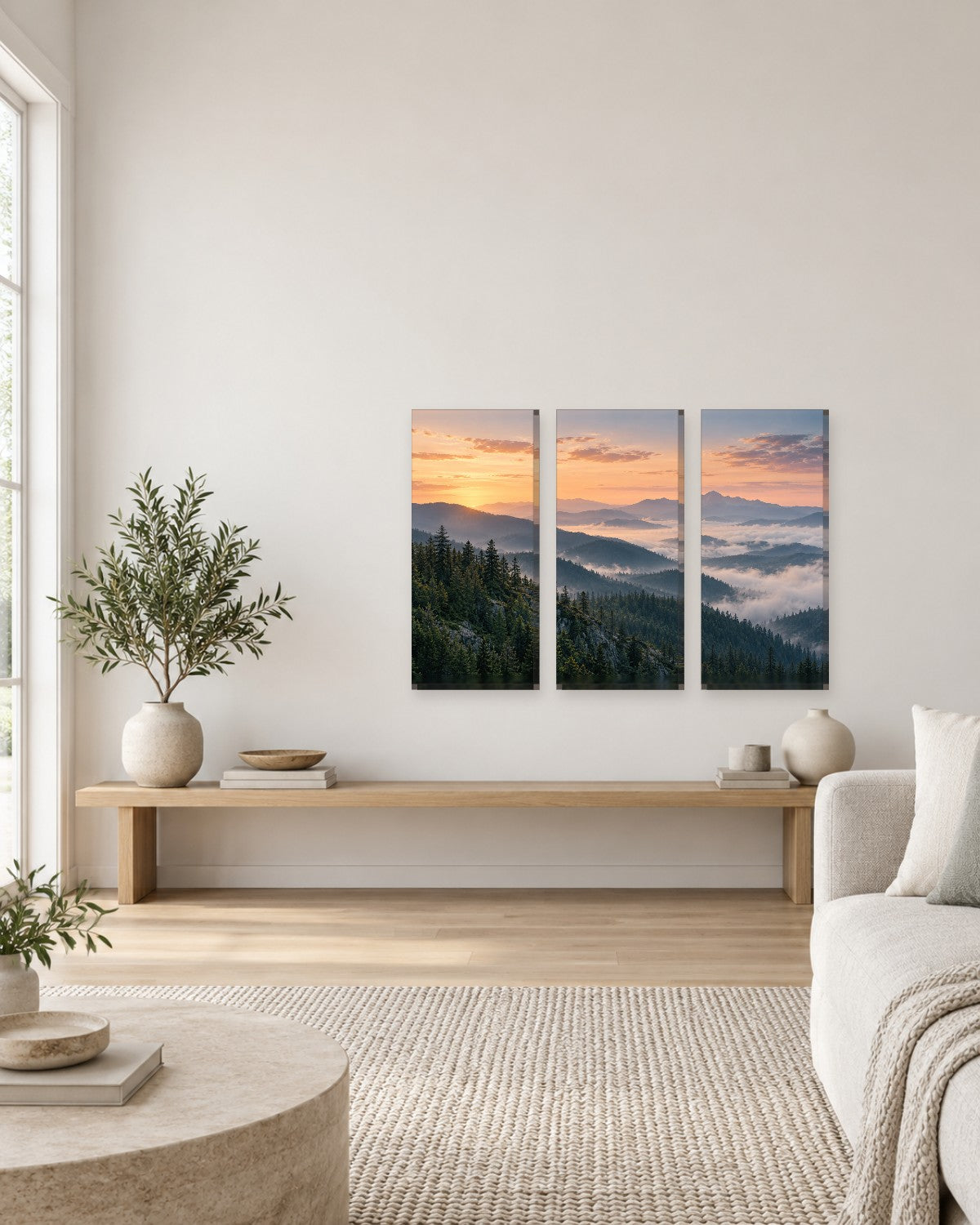 Mountain Sunset Wall Art - Pine Forest Ridges above a Sea of Clouds, Peach and Pine Green Canvas - Gallery Canvas - 38mm / 48 x 32 / Unframed preview