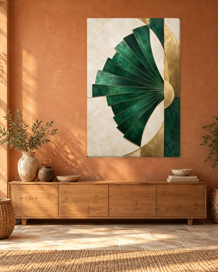Art Deco Wall Art - Emerald Green Fan with Gold-Tone Bands on Cream, Tall Emerald and Gold Canvas - Gallery Canvas - 38mm / 48 x 32 / Unframed preview