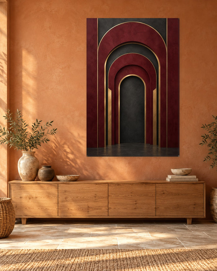 Art Deco Arch Wall Art - Burgundy Arches with Gold-Tone Trim Leading to a Dark Doorway, Tall Burgundy Canvas - Gallery Canvas - 38mm / 48 x 32 / Unframed preview