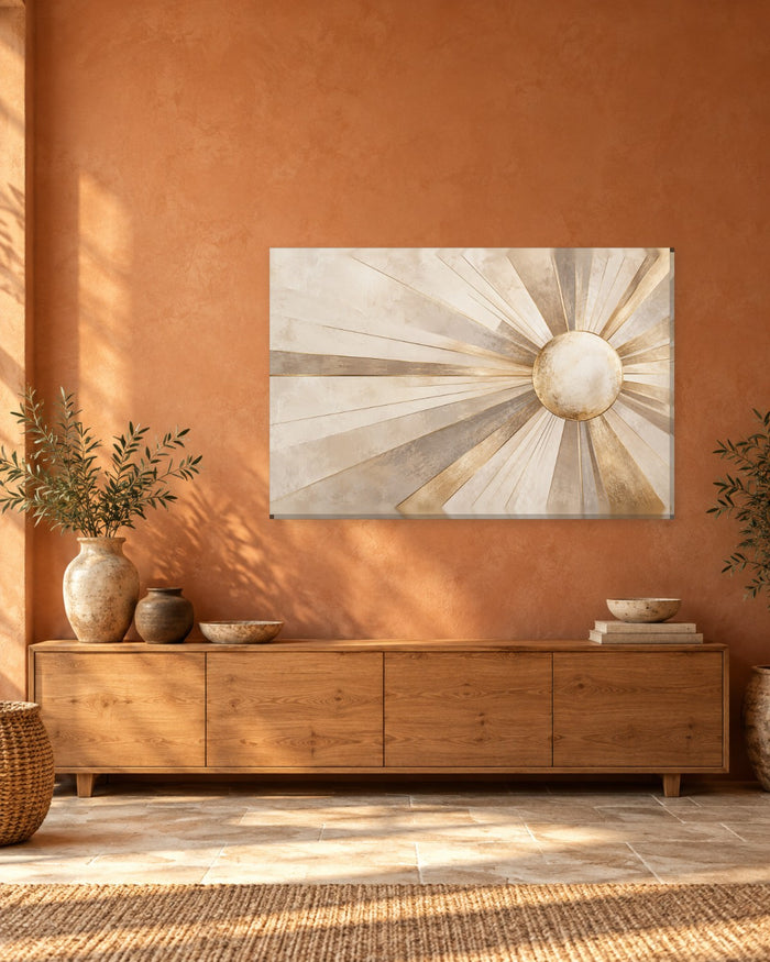 Sunburst Wall Art - Ivory and Taupe Art Deco Rays around a Pale Disc, Neutral Gold-Tone Canvas - Gallery Canvas - 38mm / 48 x 32 / Unframed preview