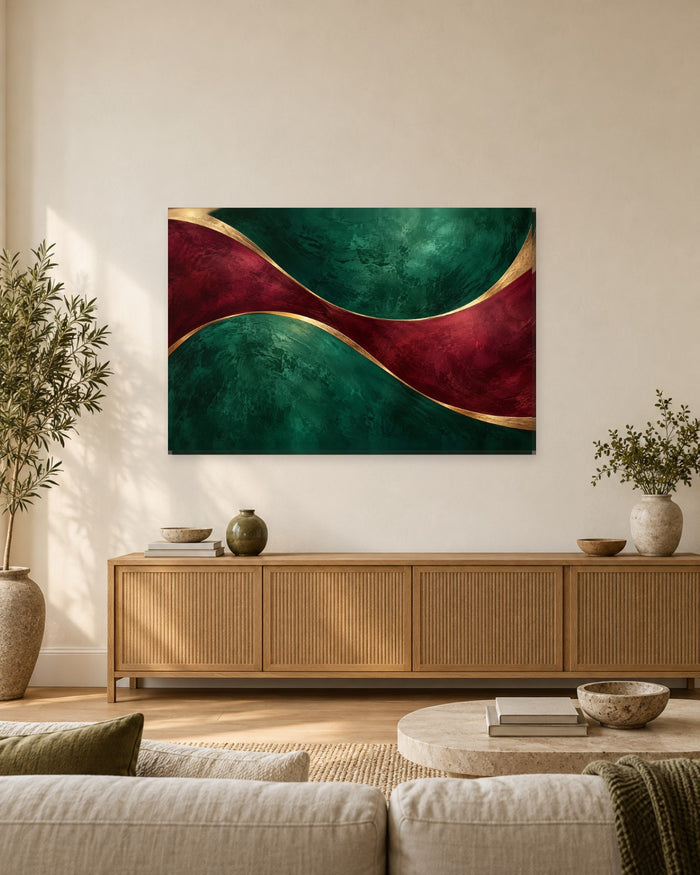 Emerald and Burgundy Wall Art - Art Deco Waves with Gold-Tone Trim, Jewel Tone Abstract Canvas - Gallery Canvas - 38mm / 48 x 32 / Unframed preview