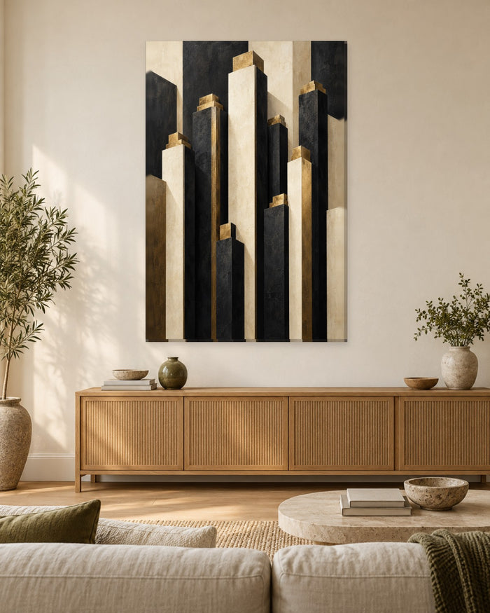 Art Deco Skyline Wall Art - Black and Cream Stepped Towers with Gold-Tone Tops, Tall Monochrome Canvas - Gallery Canvas - 38mm / 48 x 32 / Unframed preview