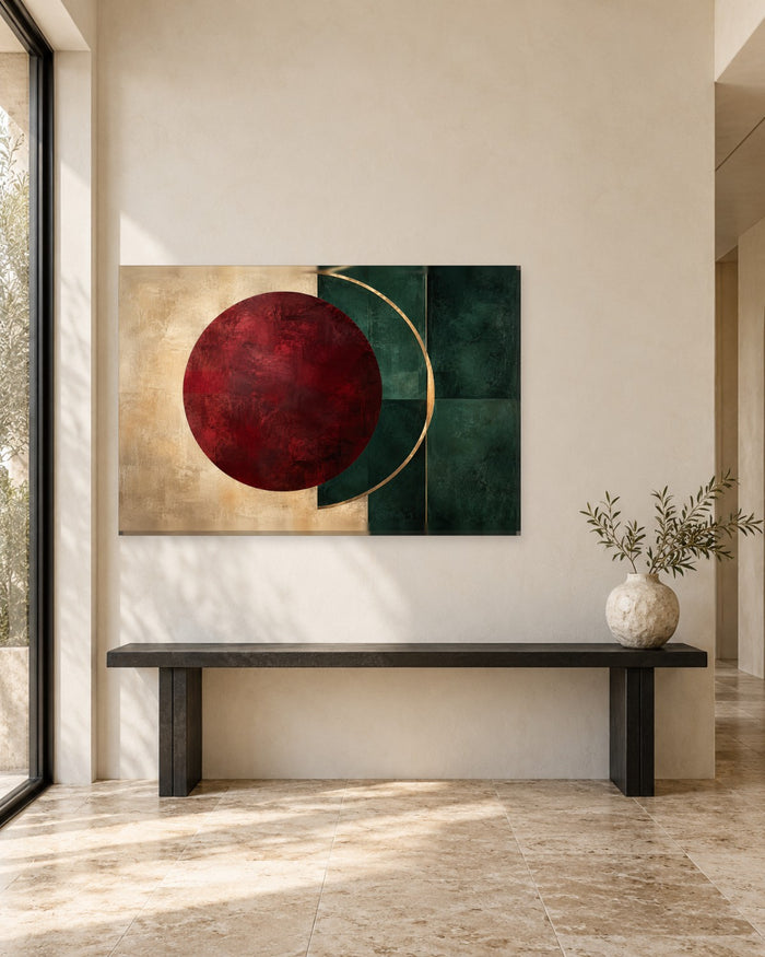 Geometric Abstract Wall Art - Garnet Red Circle with Deep Green Panels and Gold-Tone Arc, Jewel Tone Canvas - Gallery Canvas - 38mm / 48 x 32 / Unframed preview