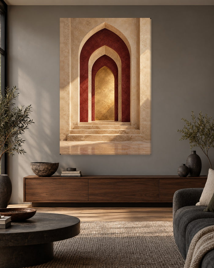 Moroccan Arch Wall Art - Sandstone and Burgundy Pointed Arches with a Gold-Tone Niche, Tall Warm Canvas - Gallery Canvas - 38mm / 48 x 32 / Unframed preview