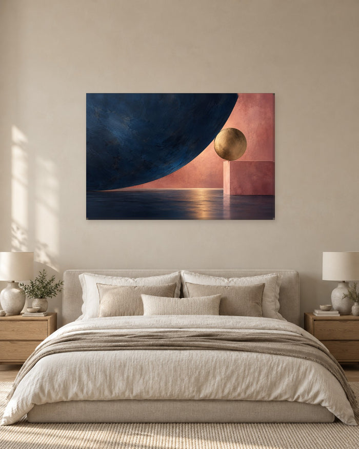Modern Abstract Wall Art - Gold-Tone Sphere on a Rose Plinth by a Midnight Blue Curve, Navy and Pink Canvas - Gallery Canvas - 38mm / 48 x 32 / Unframed preview