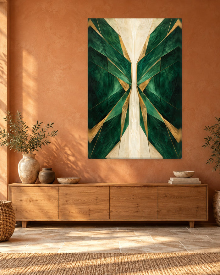 Emerald Green Wall Art - Symmetrical Art Deco Shards with Gold-Tone Accents, Tall Green and Gold Canvas - Gallery Canvas - 38mm / 48 x 32 / Unframed preview