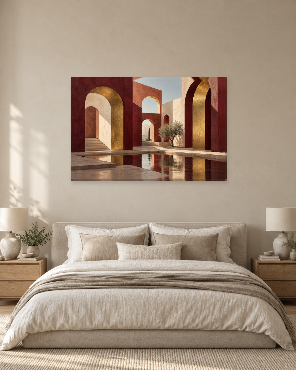 Courtyard Wall Art - Burgundy Arches with Gold-Tone Vaults around a Reflecting Pool, Mediterranean Canvas - Gallery Canvas - 38mm / 48 x 32 / Unframed preview