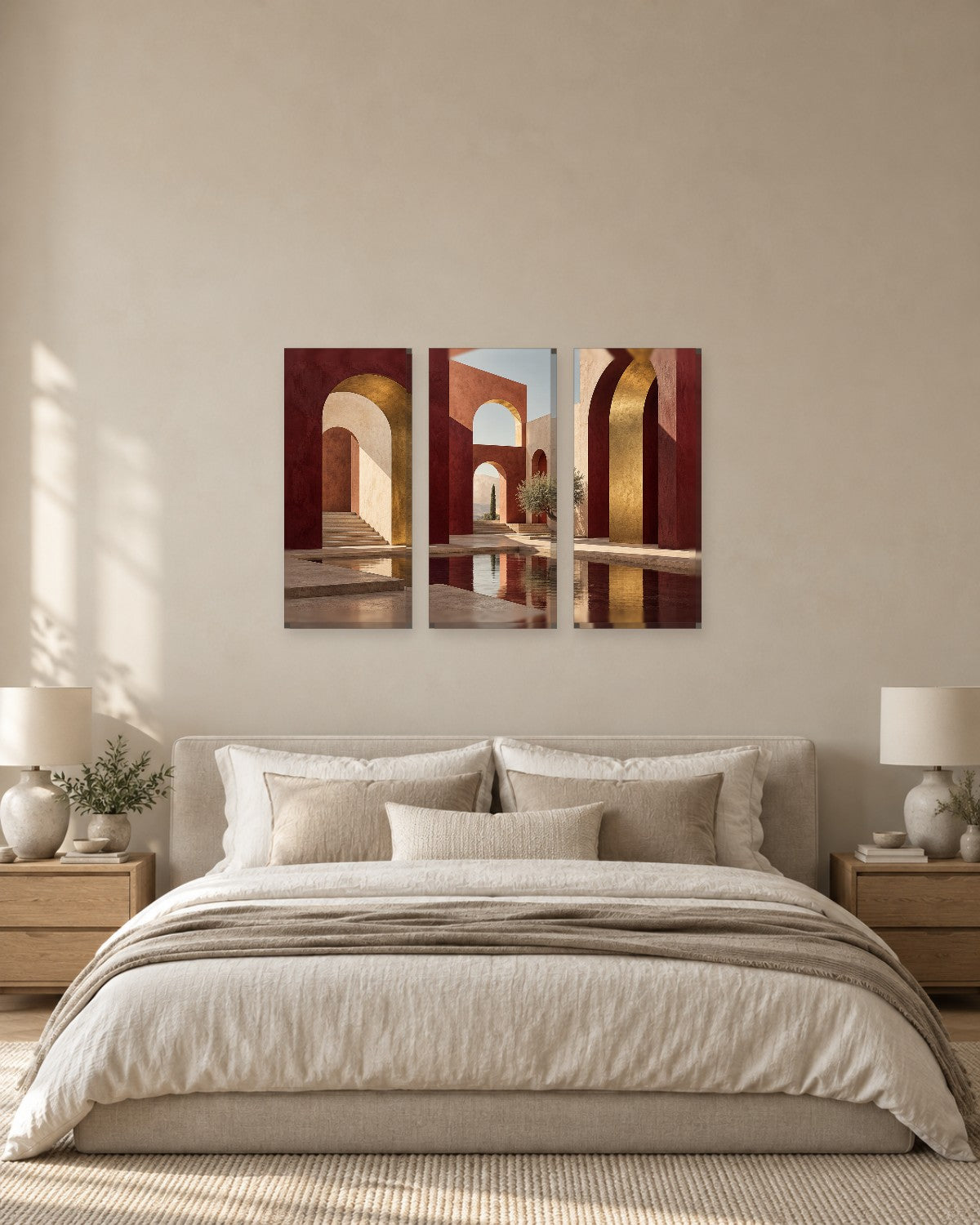 Courtyard Wall Art - Burgundy Arches with Gold-Tone Vaults around a Reflecting Pool, Mediterranean Canvas - Gallery Canvas - 38mm / 48 x 32 / Unframed preview
