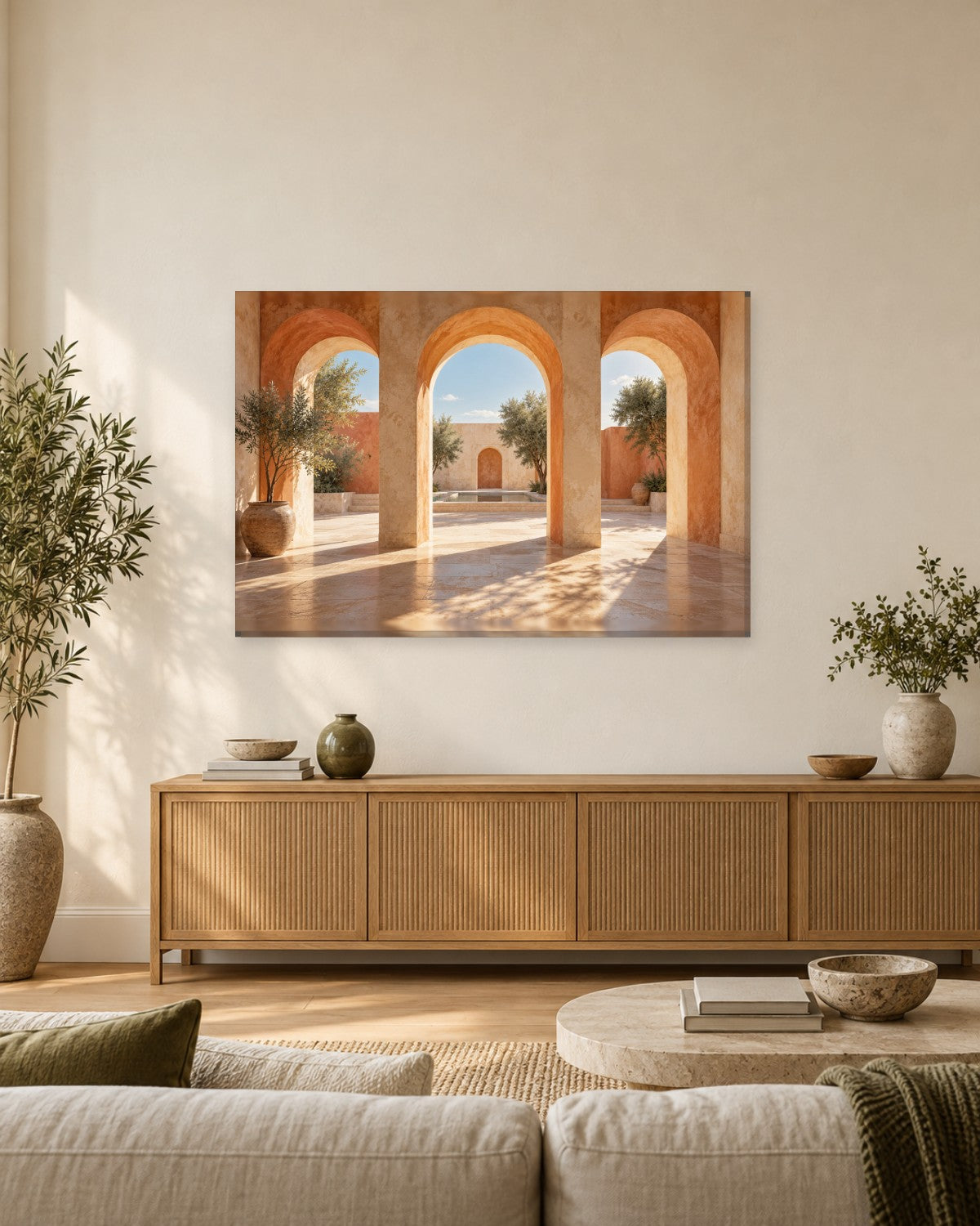 Moroccan Courtyard Wall Art - Terracotta Arches, Olive Trees and a Riad Pool in Sunlight, Warm Sand Canvas - Gallery Canvas - 38mm / 48 x 32 / Unframed preview