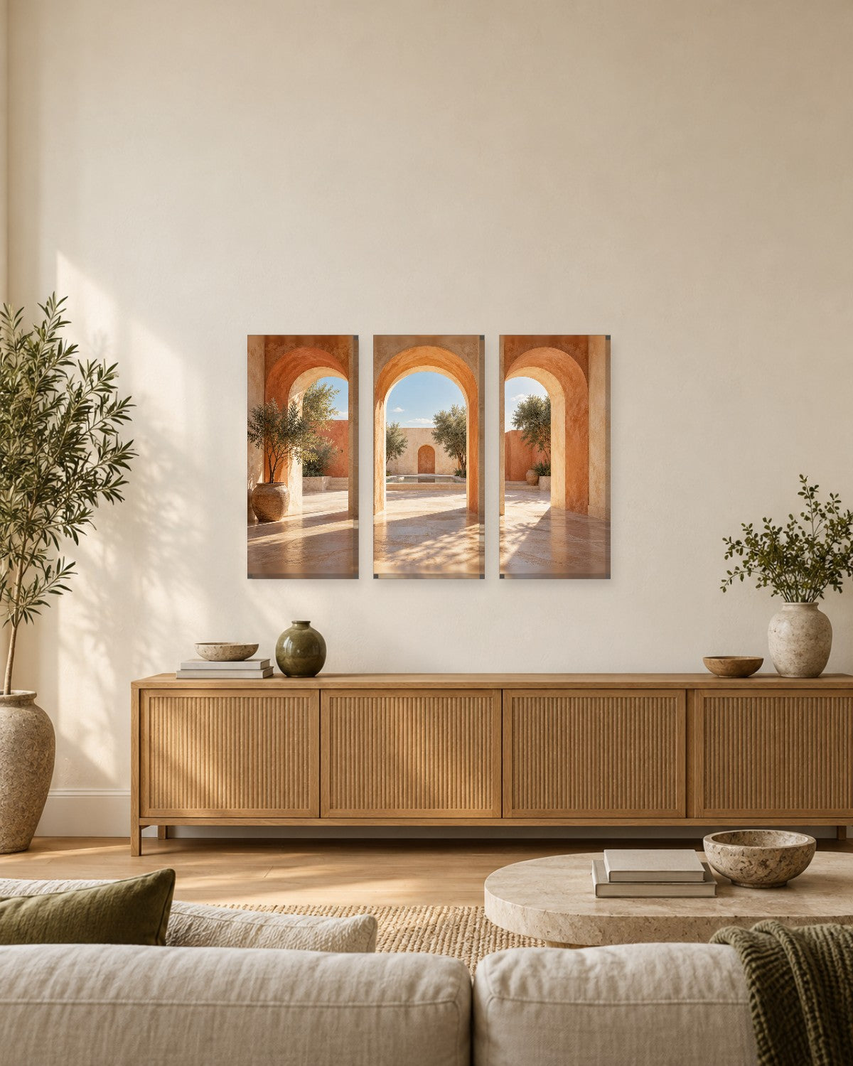 Moroccan Courtyard Wall Art - Terracotta Arches, Olive Trees and a Riad Pool in Sunlight, Warm Sand Canvas - Gallery Canvas - 38mm / 48 x 32 / Unframed preview