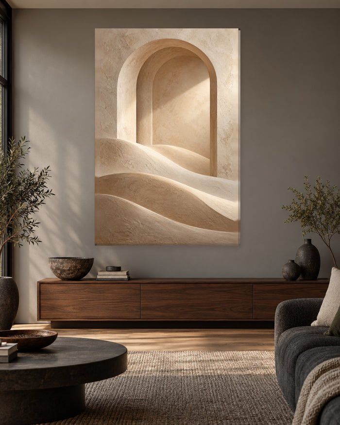 Neutral Arch Wall Art - Plaster Archway Above Rolling Sand Dunes, Tall Cream and Taupe Canvas - Gallery Canvas - 38mm / 48 x 32 / Unframed preview
