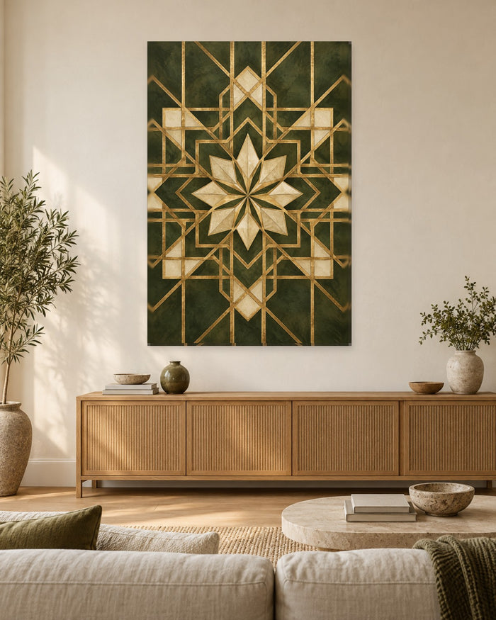 Islamic Geometric Wall Art - Eight-Point Star in a Gold-Tone Lattice on Olive, Tall Green and Cream Canvas - Gallery Canvas - 38mm / 48 x 32 / Unframed preview