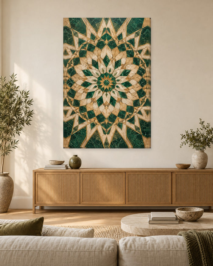 Emerald Islamic Wall Art - Green and Sand Marble Star Rosette Mosaic, Tall Geometric Canvas - Gallery Canvas - 38mm / 48 x 32 / Unframed preview