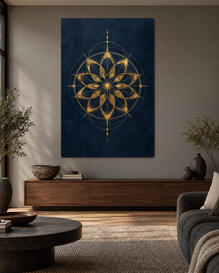 Navy and Gold Wall Art - Gold-Tone Geometric Flower Rosette on Midnight Blue, Tall Modern Canvas - Gallery Canvas - 38mm / 48 x 32 / Unframed preview
